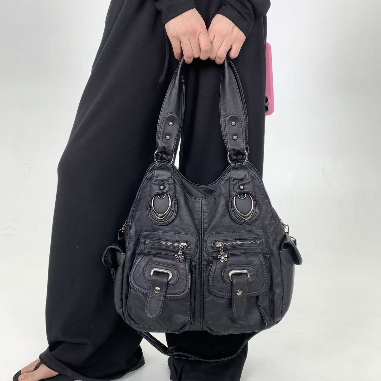Pleated Multi Pocket Shoulder Bag