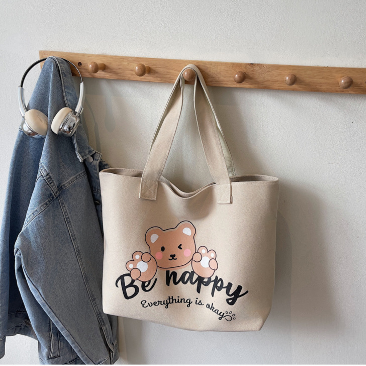 Bear Graphic Canvas Tote Bag