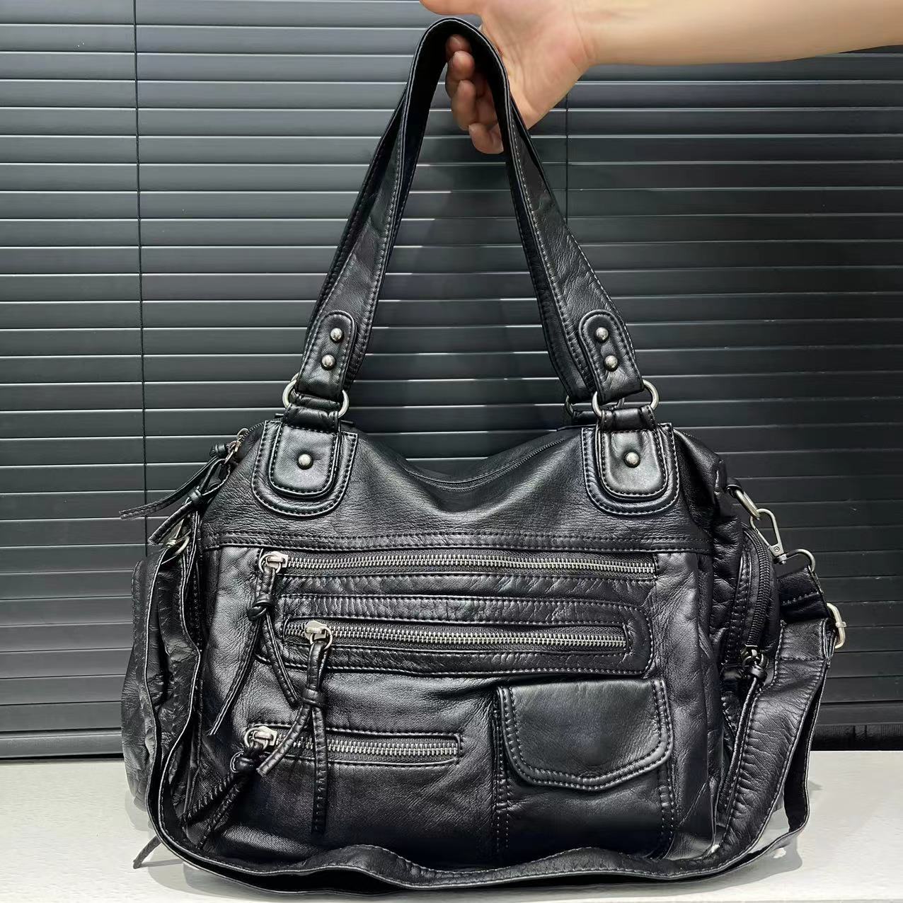 Washed Multi Pocket Shoulder Tote