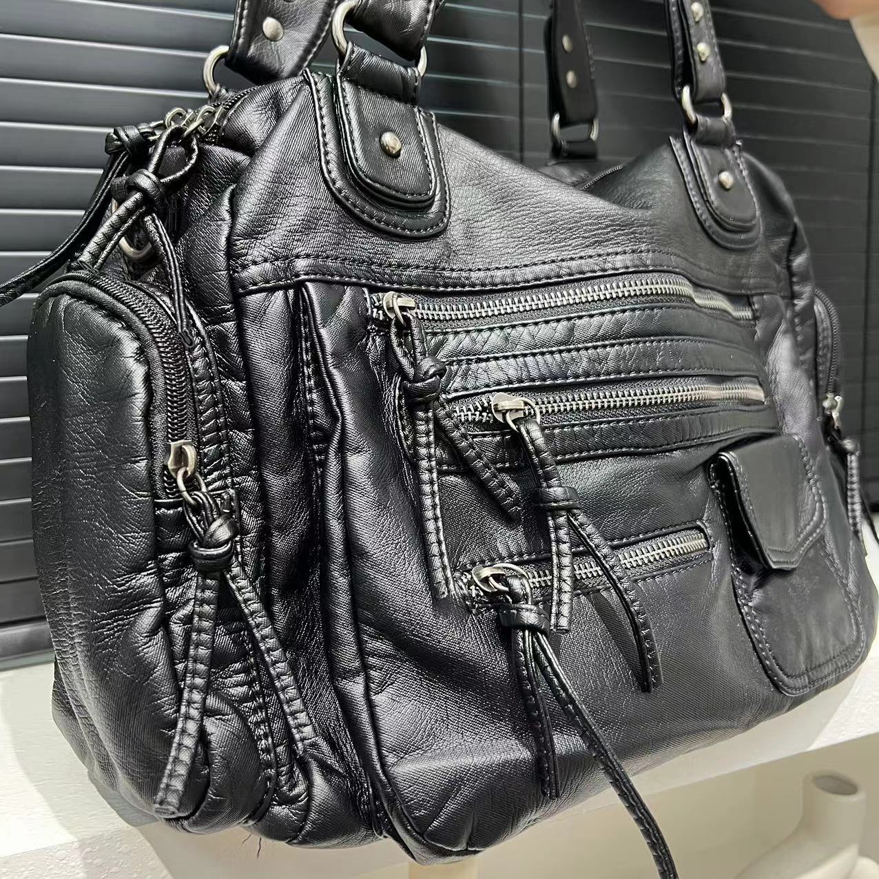 Washed Multi Pocket Shoulder Tote