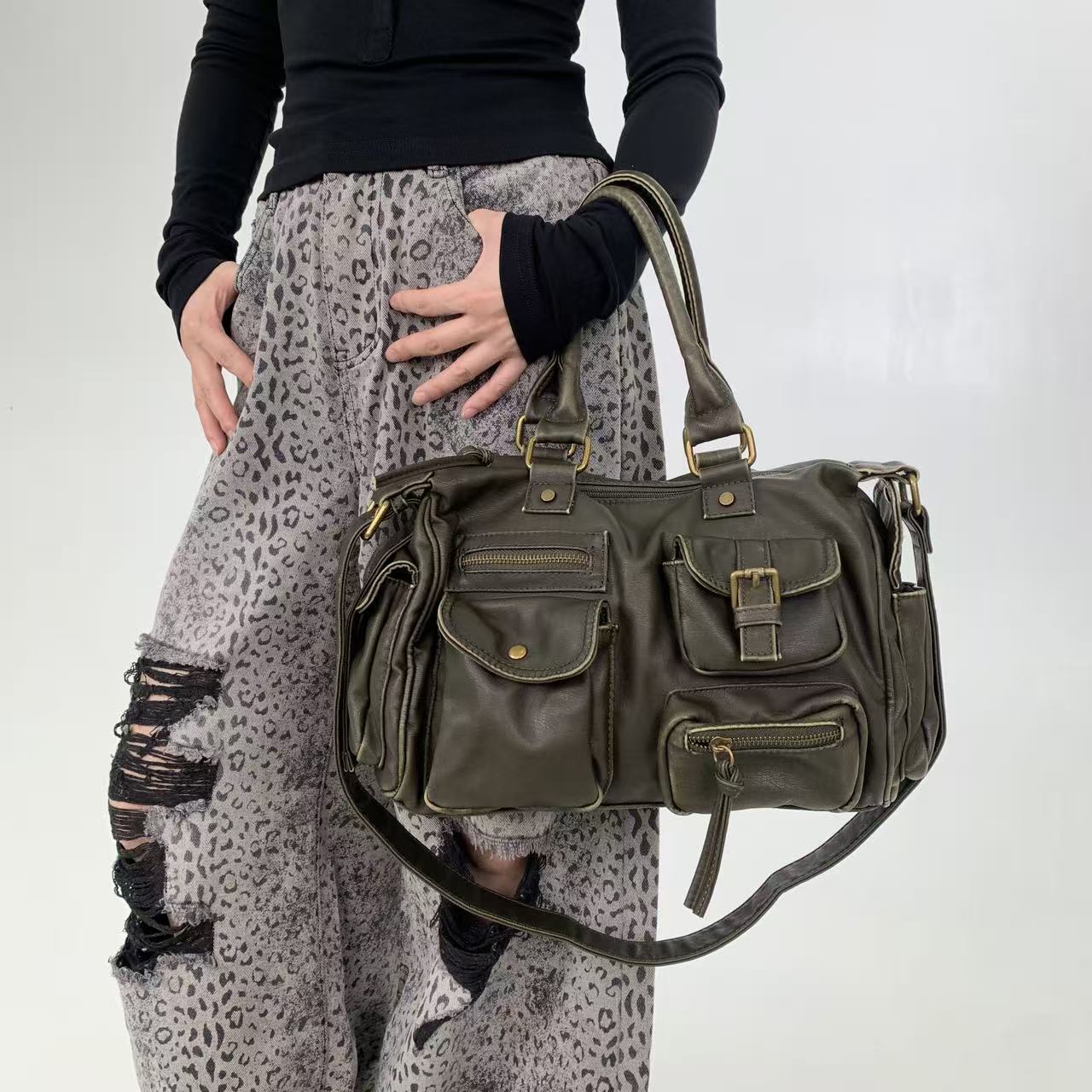 Distressed Multi Pocket Shoulder Bag